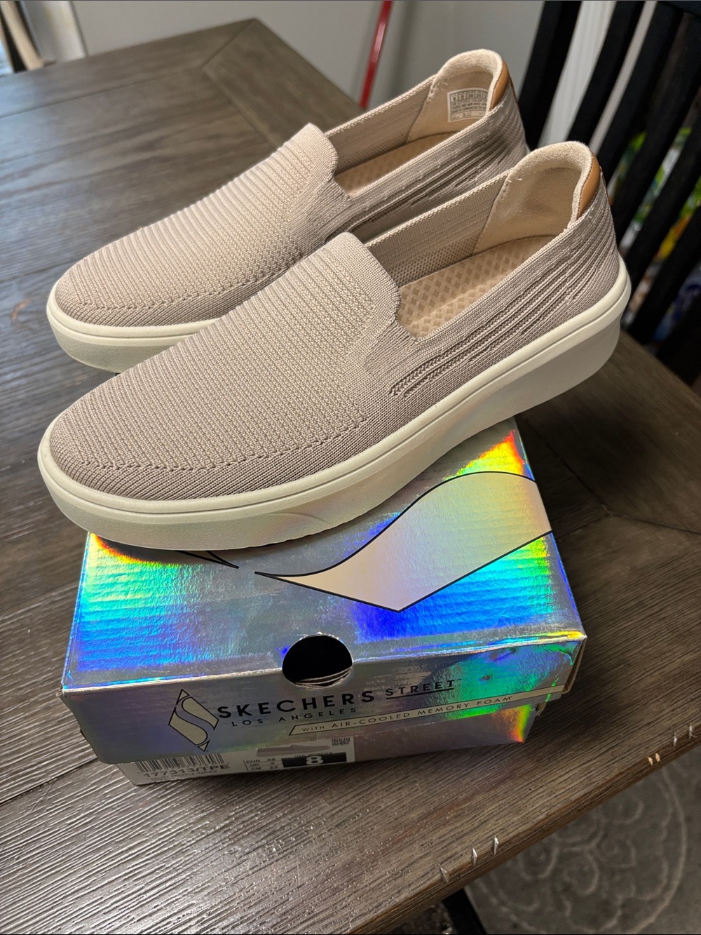 Skechers Slip-On Knit Mules in Taupe and Cream